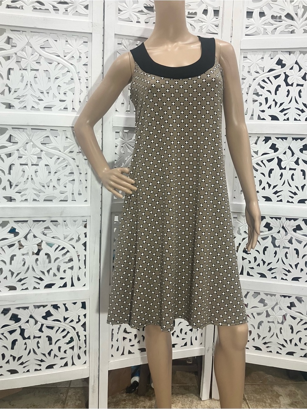 EUC Sleeveless Lightweight Tan Polka Dot A-Line Geometric Swing Dress